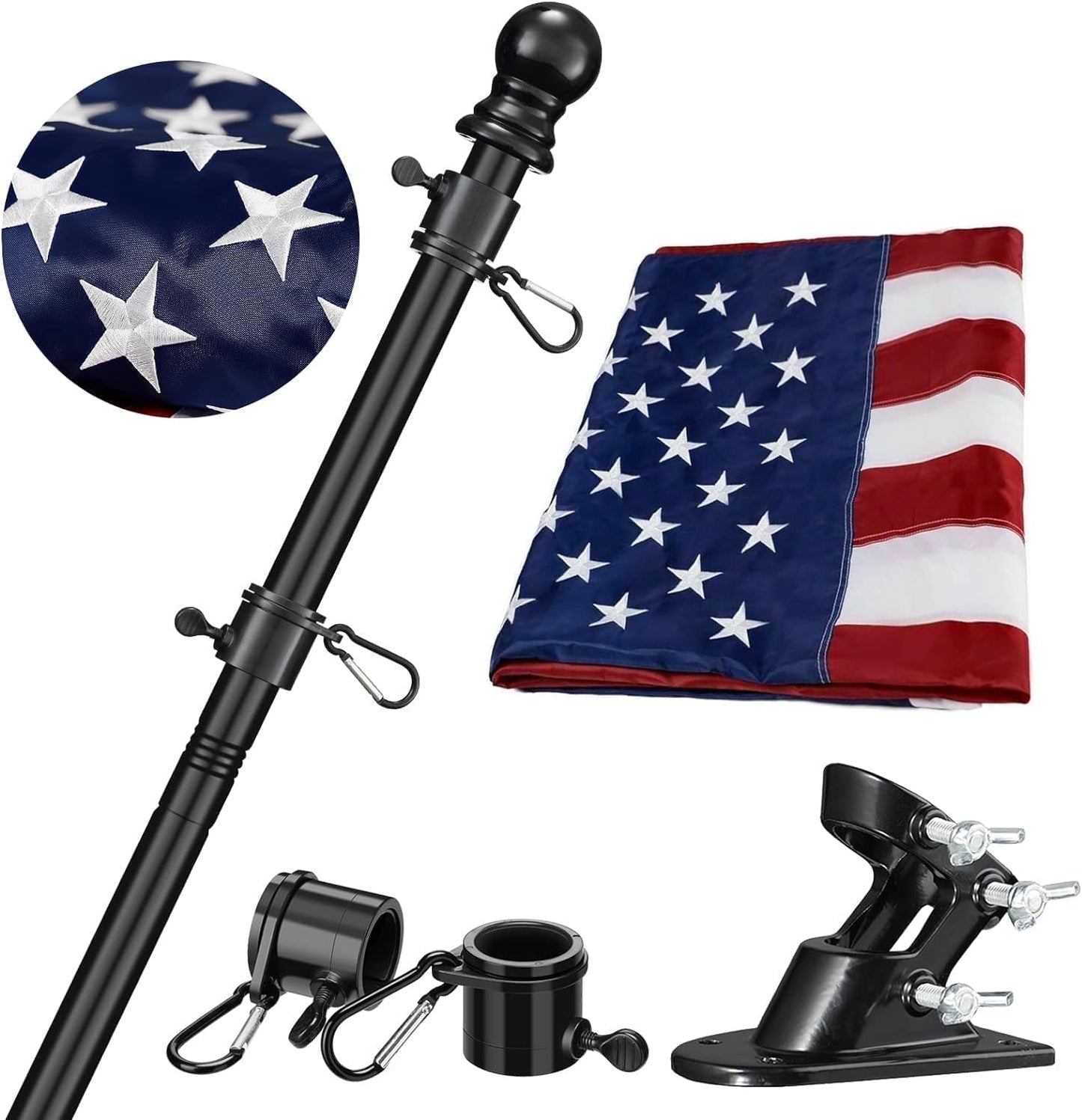 Barcetine American Flag with Pole Kit - Includes 5ft Tangle Free Metal Flag Pole,4x6 Embroidered US Flag,Mount Holder Bracket,for Outside House,Front Porch,Outdoor,Black