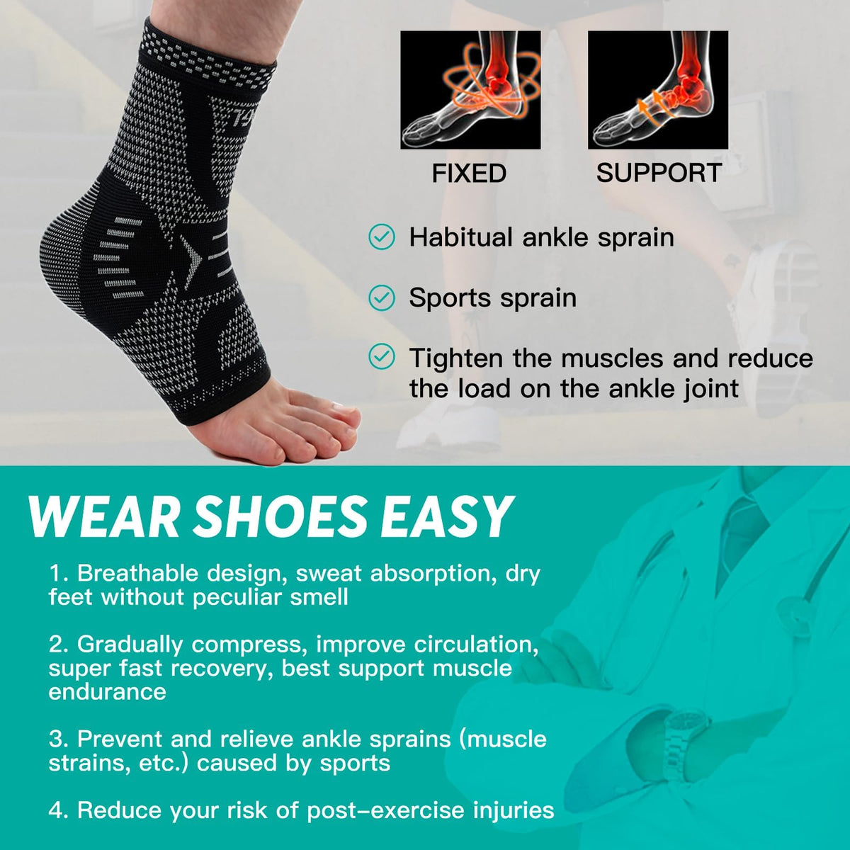 INDEEMAX Copper Ankle Brace Ankle Compression Sleeve Support Ankle Brace for Women & Men, Achilles Tendonitis Brace, Plantar Fasciitis, Sports, Silver Black, XL
