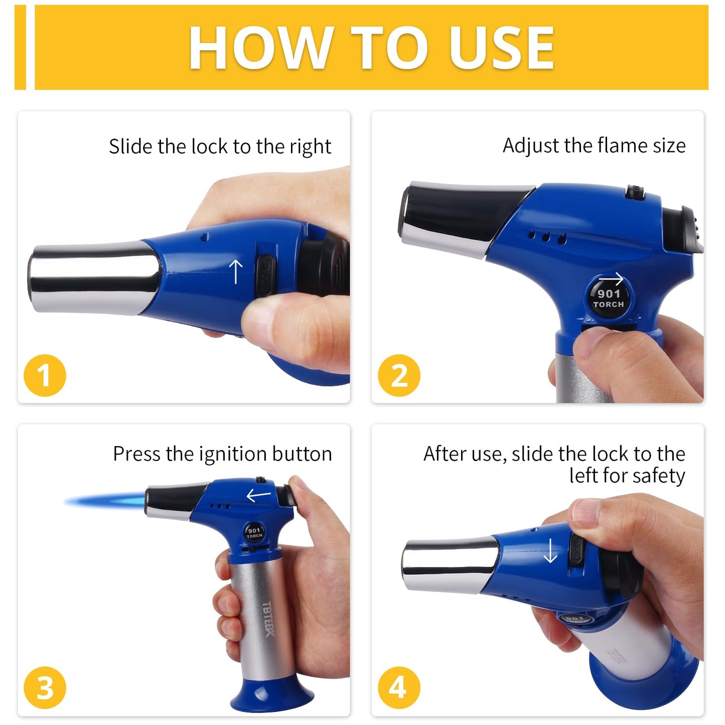 TBTEEK Butane Torch T901, Kitchen Torch Cooking Torch with Safety Lock & Adjustable Flame for Cooking, BBQ, Baking, Brulee, Creme, DIY Soldering(Butane Not Included), Blue