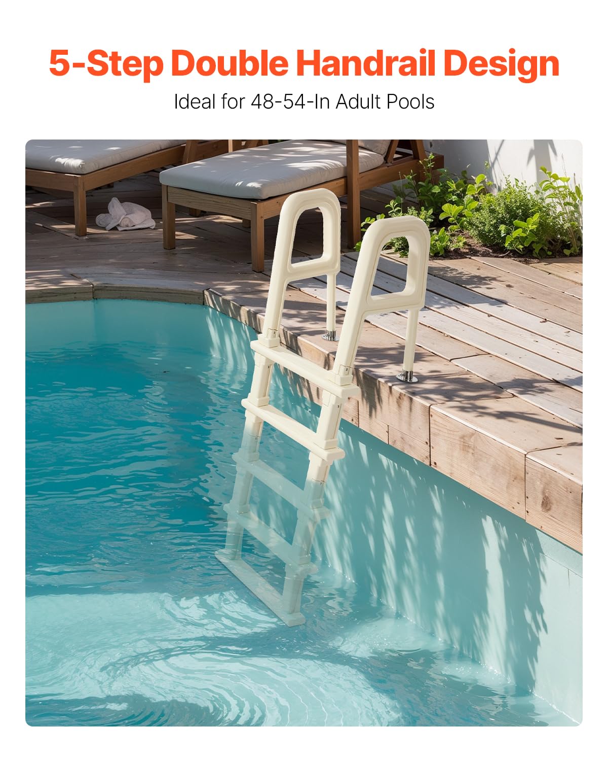 VEVOR Swimming Pool Ladder, 75°Inclined 5-Step Double Handrails Stair, Non-Slip Heavy Duty Steps, Load Capacity 300 lb, for 48-54 in Inground & Above-Ground Pools of Any Deck Surface Indoor & Outdoor