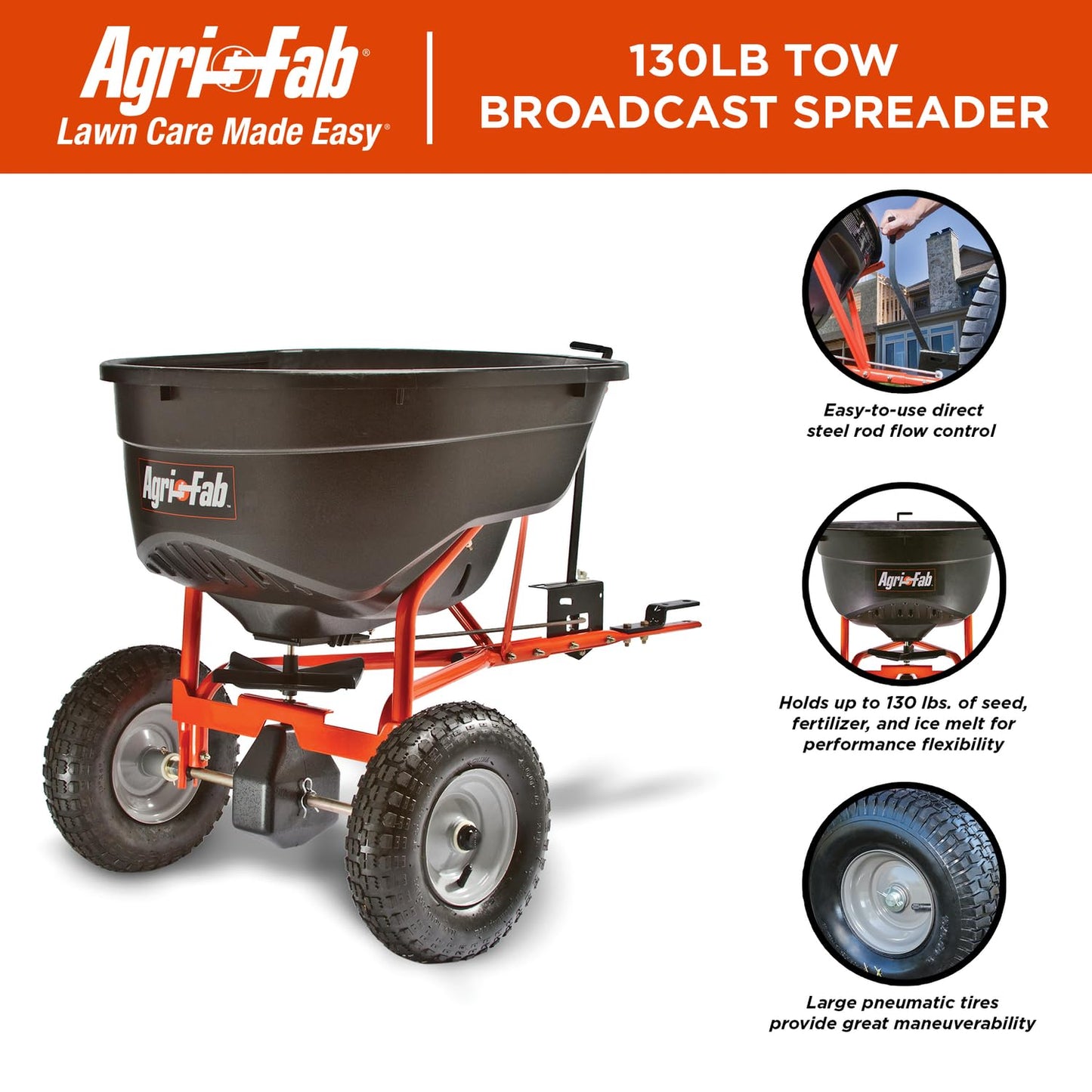 Agri-Fab 45-0463 Pull Behind Broadcast Spreader,130 lb. Hopper Capacity Designed for Seed, Fertilizer, Salt, Ice Melt with Universal Hitch,12 ft. Spread Width for Riding Lawn Mowers and Lawn Tractors