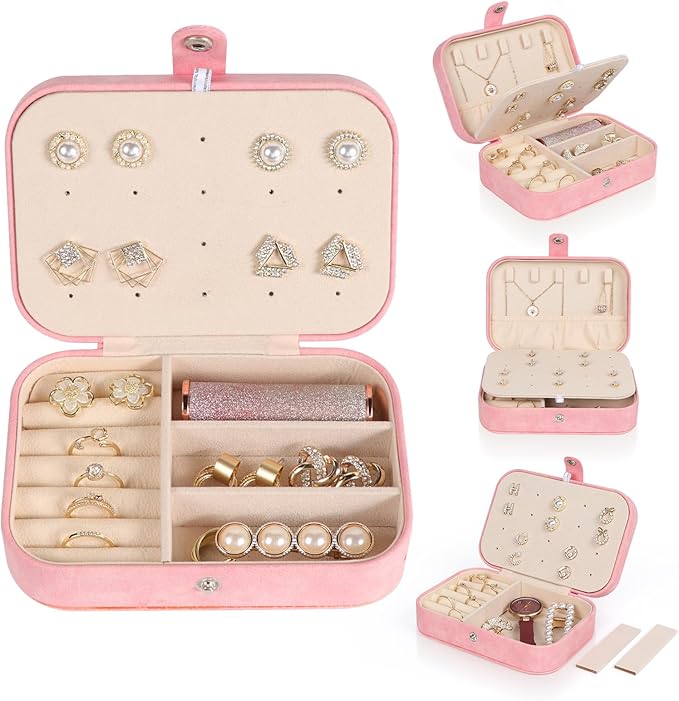 Hatori Travel Jewelry Box, PU Leather Small Jewelry Organizer for Women Girls, Portable Mini Travel Case Display Storage Holder Boxes for Stud Earrings, Rings, Necklaces, Bracelets (Pink Beige)