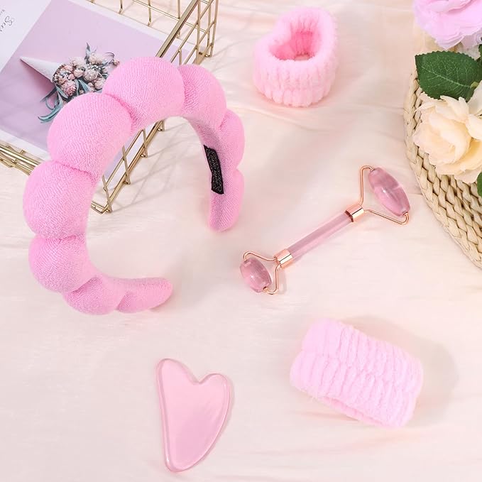 Chanaco Spa Headband and Wristbands for Women Gua Sha & Jade Roller Facial Tools Skincare Headband for Washing Face Makeup Fash Wash Hairband Teen Girl Trendy Stuff