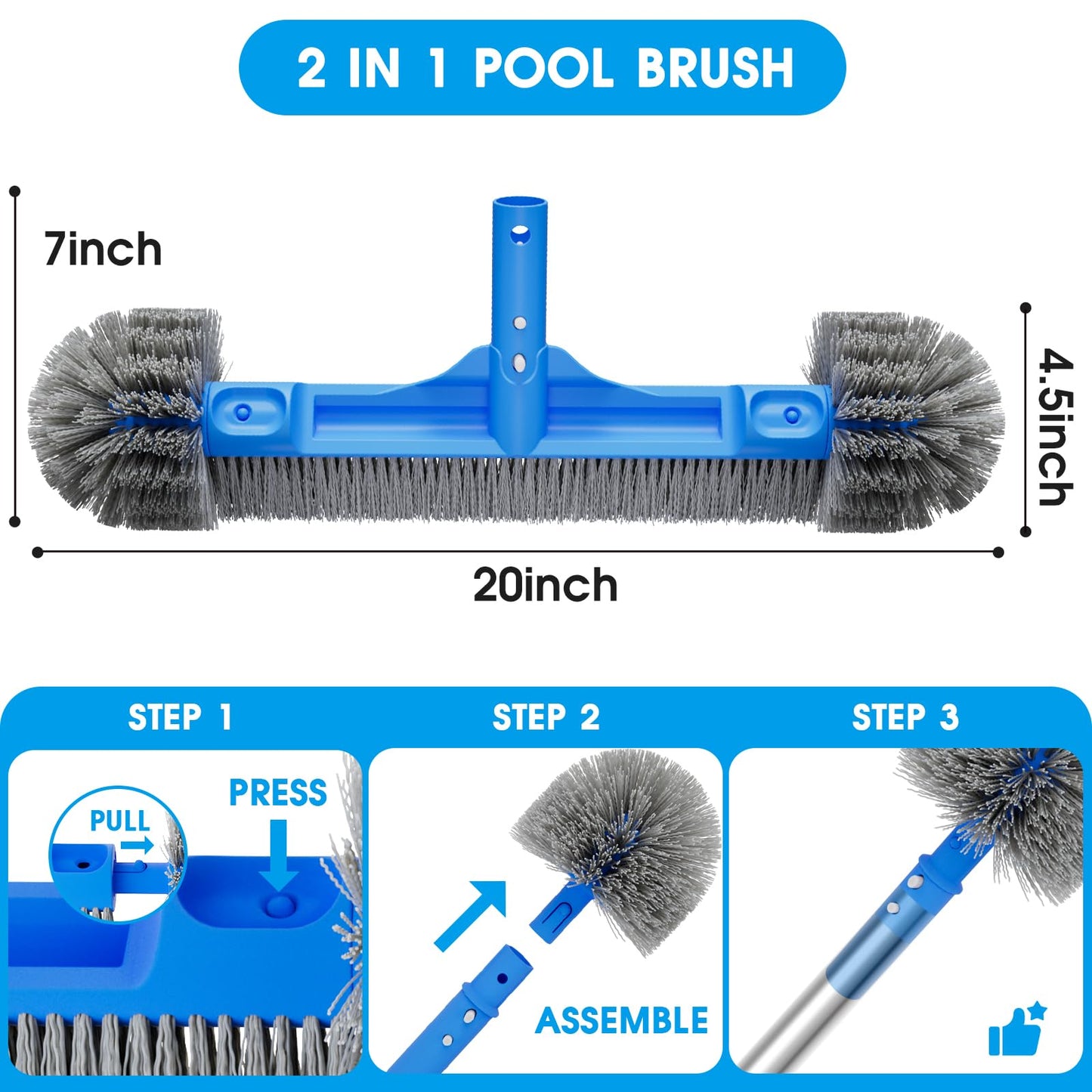 TidyMister Pool Brush Set - 20’’ 2-in-1 Detachable Round Brush with Extra Side Brush for Cleaning Hard-to-Reach Corners, 9 FT Aluminum Extended Pool Pole with Hidden Hook Retriever