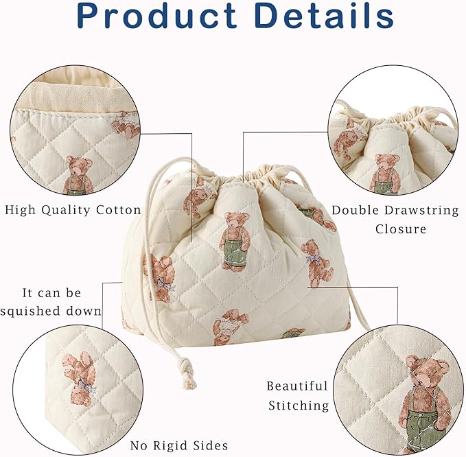 3pcs Large Cotton Quilted Makeup Bag Set,Coquette Aesthetic Cute Travel Toiletry Bag,Drawstring Gift Bag for Women and Girls(3Pcs White Bear)