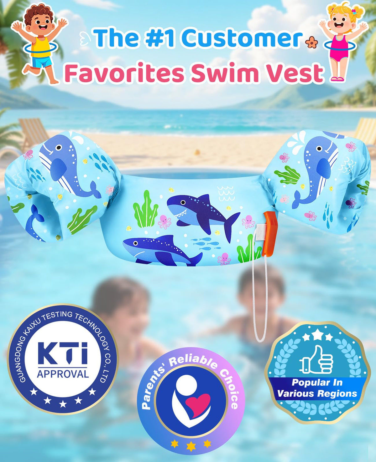 HeySplash Swim Vest for Kids, Toddler Pool Floaties Fit 22-55 Lbs, Children Swimming Vest with Adjustable Strap, Swim Jacket Water Wings Arm, Puddle Sea Beach Boat Jumper Boys Girls, Blue Shark