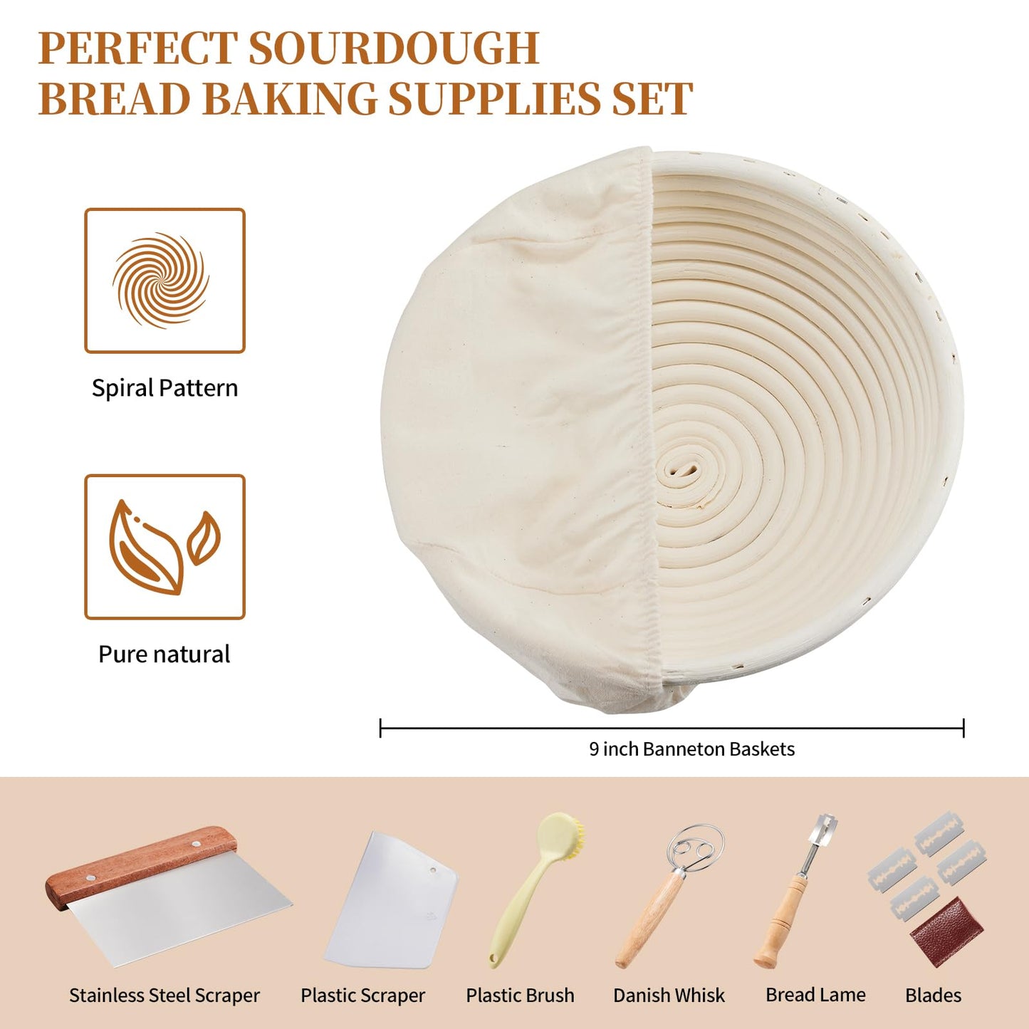 Dimpola Banneton Bread Proofing Basket Banneton Basket Set Sourdough Proofing Basket Round Proofing Bowls Handmade Rattan Baskets and Liners (Round 9 inch Baking Set)