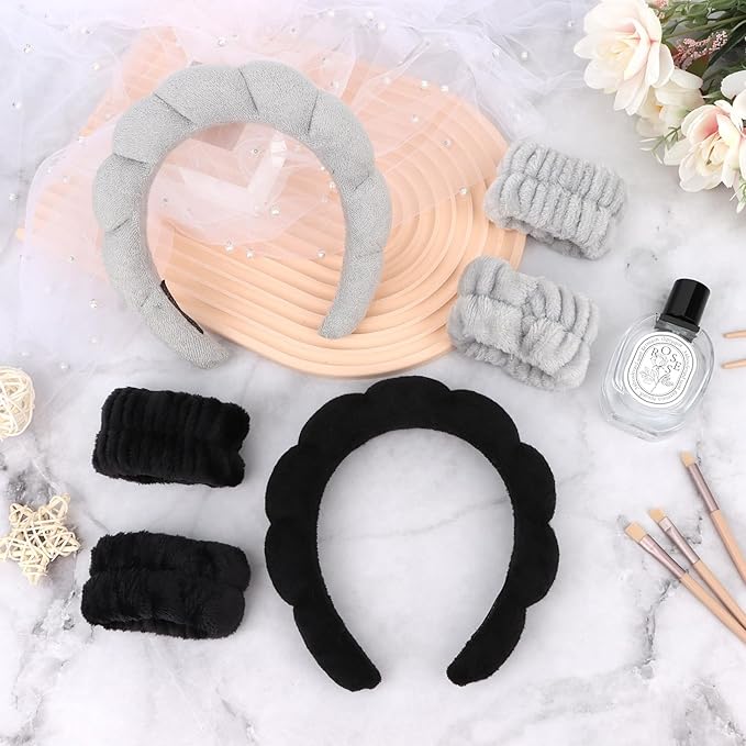 6Pcs Spa Headband and Wrist Washband Set, Skincare Makeup Headband, Sponge Face Wash Band, Terry Cloth Puffy Hair Band for Washing Face
