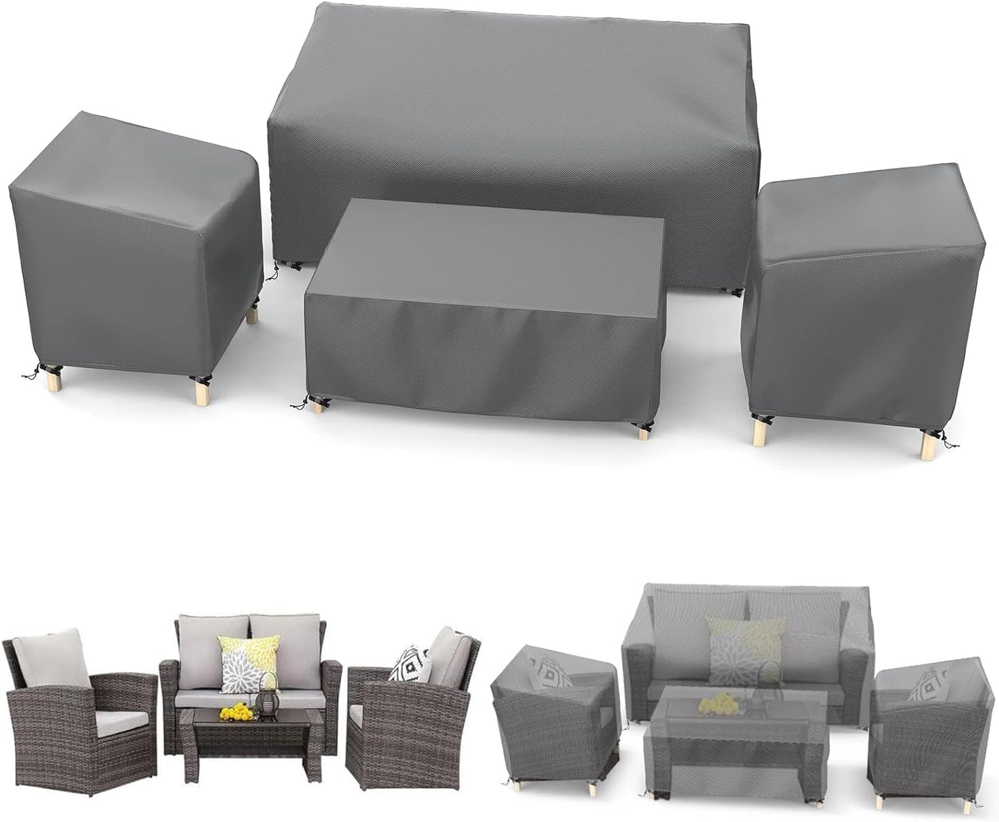 STARTWO Outdoor Patio Furniture Covers Waterproof 4-Piece Set, for Chairs 33in, Loveseat 58in, Coffee Table 46in, Heavy Duty 600D, Grey