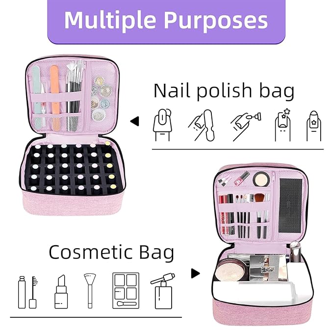 Nail Polish Organizer Holds 30 Bottles (15ml - 0.5 fl.oz) Double-layer Gel Nail Polish Kit Case, Nail Holder for Nail Lamp, Portable Nail Organizer and Storage for Nail Supplies (Pink)