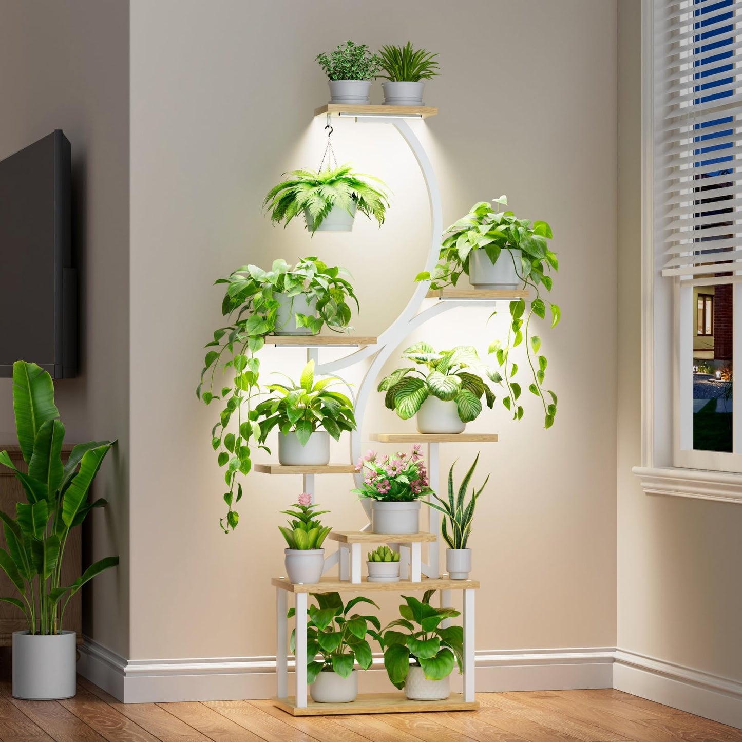 Plant Stand Indoor with Grow Lights - 62" Tall Plant Shelf, Lighted Corner Plant Stands for Indoor Growing, 8 Tiered Large Flower Holder, S-Shaped Plants Rack for Living Room, Patent Design, Natural