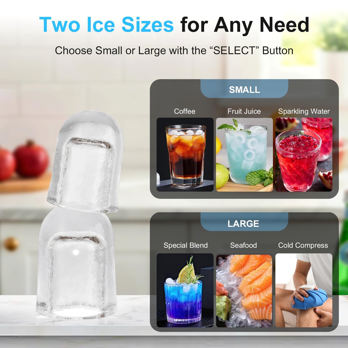 Kismile Countertop Ice Maker, 26lbs/24H Bullet Ice Machine, 8 Ice Cubes in 6 Minutes, Dual Water Tanks with 1.2L Top Tank, 2 Ice Sizes, Self-Cleaning, Compact Portable Ice Maker for Home, Kitchen & RV