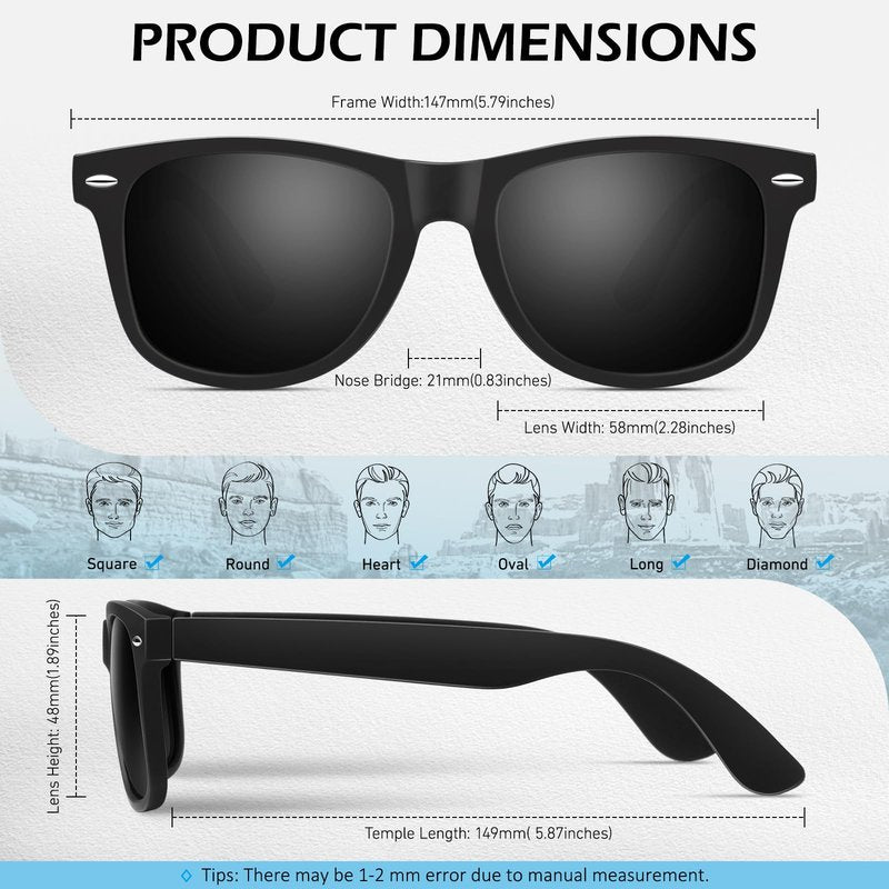 Sunier Polarized Sunglasses for Men and Women, Retro Square Matte Finish UV400 Protection Shades for Driving, Fishing