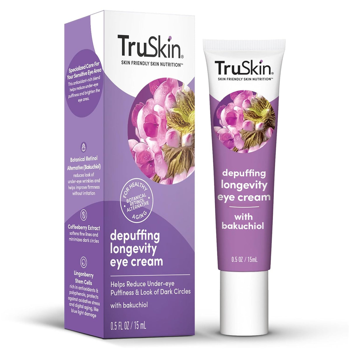 TruSkin Longevity Eye Cream â Caffeine Eye Cream with Bakuchiol, Lingonberry Stem Cells & Coffeeberry Extract â Skin Care Made to Help Transition from Anti Aging to Healthy Aging, 0.5 fl oz