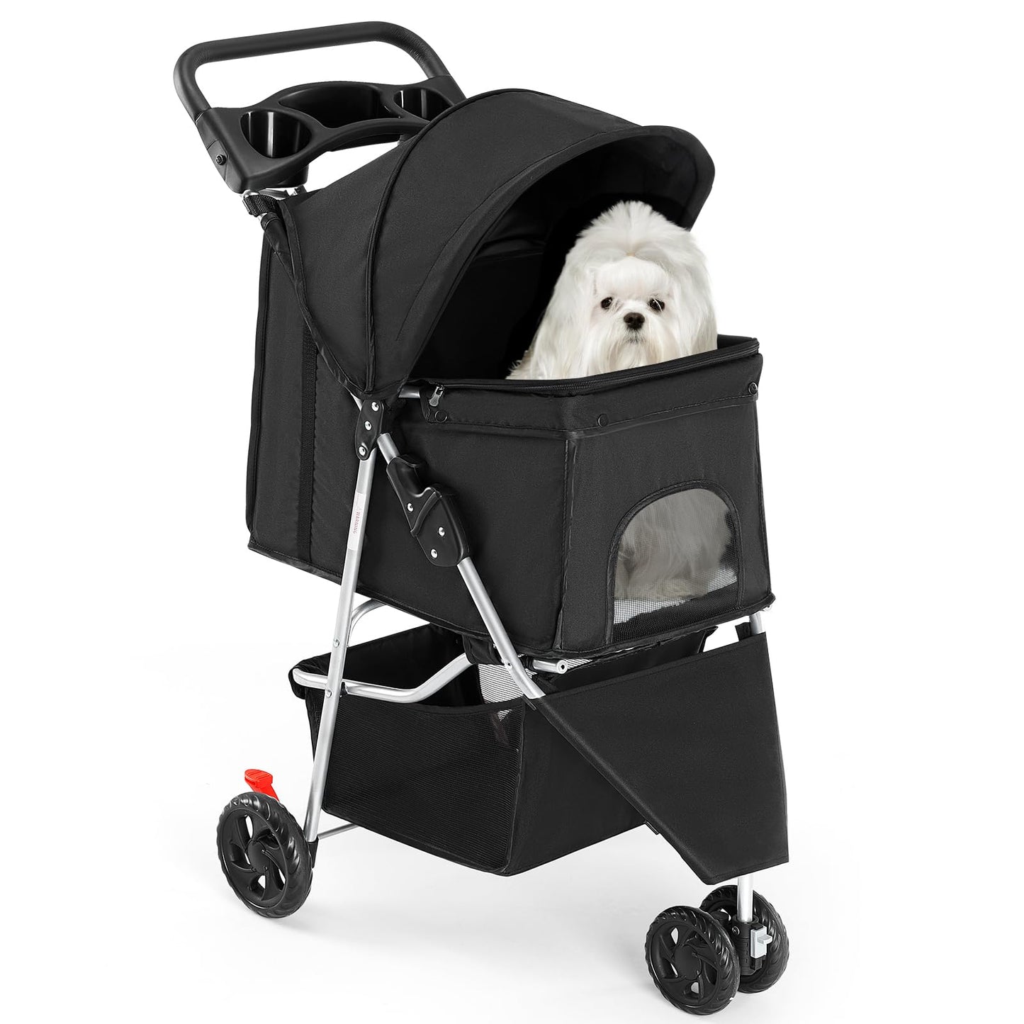 DUMOS 3 Wheels Pet Stroller for Dogs and Cats, Foldable Dog Stroller with Mesh Windows, Storage Basket & Cup Holder, Lightweight & Durable Pet Carrier for Travel, Outdoor Use – Black