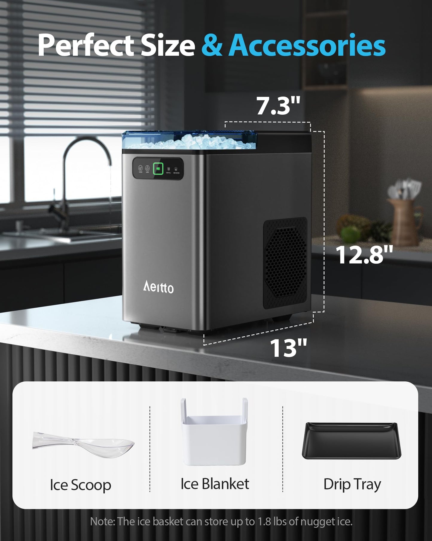 Aeitto Nugget Ice Maker Countertop, Pellet Ice Machine Soft Chewable Ice 40lbs/Day, One-Click Operation, Auto Self-Cleaning Crushed Ice Makers Stainless with Scoop for Home/Kitchen/Office (Grey)