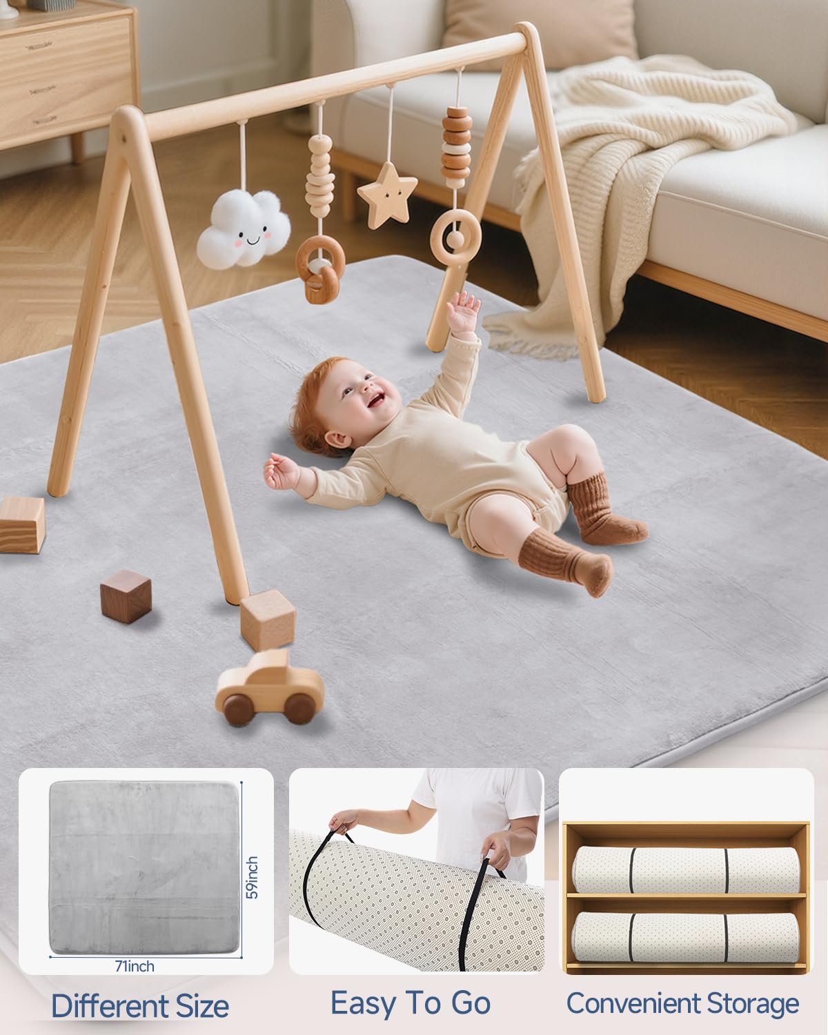 Thick Baby Play Mat for Floor,59 x 71 Playpen Mat,Large Tummy Time Foam Mats,Soft Support & Plush Feel Nursery Kids Rug,Easy Care with Non-Slip Cushioned for Infant,Kids and Toddler Crawling,Grey