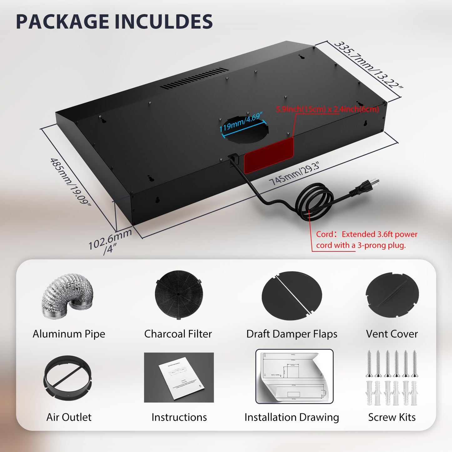 Ductless Range Hood 30 inch Under Cabinet, 600cfm Slim Kitchen Stove Vent Hood with LED Lights, 3 Speed Exhaust Fan, Reusable Filters, Stainless Steel Campanas para Cocina with Charcoal Filter