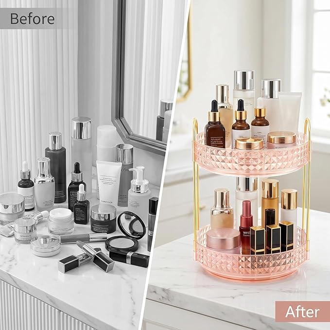 Fangoo 2 Tiers Pink Rotating Makeup Organizer for Vanity 360 Spinning Skincare Organizers for Dresser Perfume Organizer Large Skincare Make up Storage Cosmetic Organizer for Bathroom Countertop