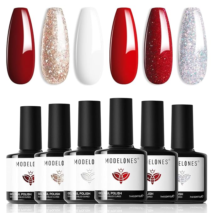 modelones Red Gel Nail Polish Set 6 Colors, 2026 Mothersday White Glitter Sparkle Bright Burgundy Dark Rose Champagne Silver Candy Cane Nail Polish Kit Soak Off Nail Art Salon DIY Gift Women