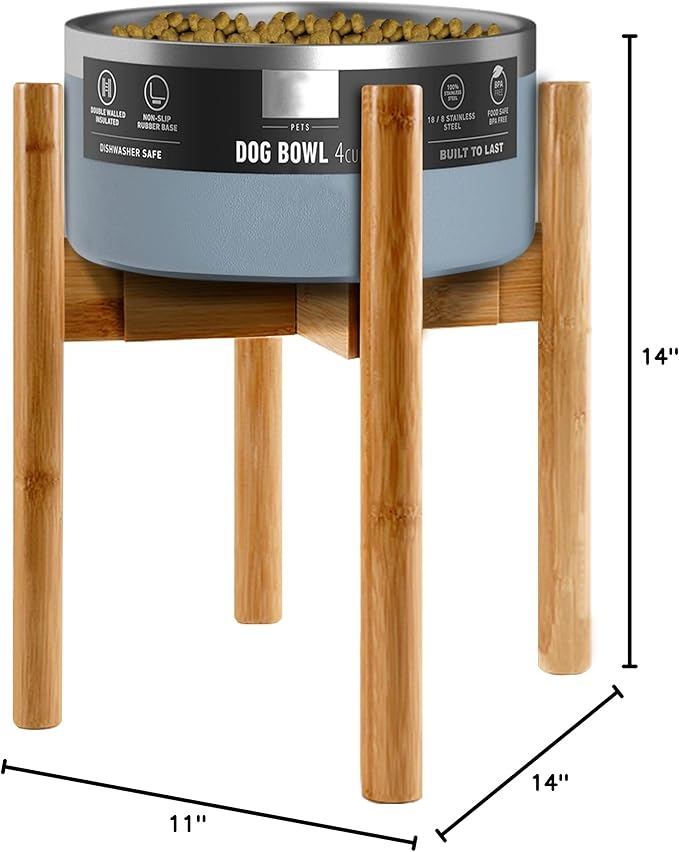 Dog Bowl Stand for Large Breed - Raise, Elevate Bowls to 14-inch High - Adjustable, Fits Any Single Pet Food/Water Feeders and Fountains - Durable Bamboo