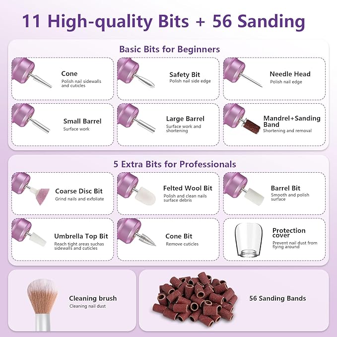 Cordless Nail Drill Electric Nail File Kit, Rechargeable Efile Set, Portable Acrylic Gel Nail Polish Remover Machine, Pedicure Manicure Tool, 11 Bits, 56 Sanding Bands, Salon Home, Purple