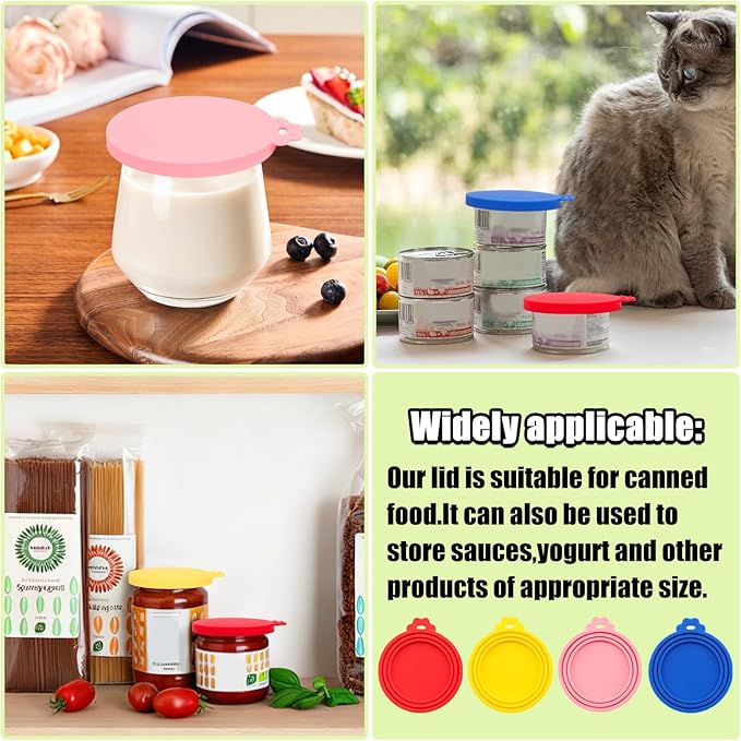 PINE & LINEN 4 Pcs Durable Pet Can Lids,One fit 3 Standard Size Silicone Waterproof Cat Food Cans Lids for 3oz/5.5oz/12.5oz/13.2oz Cat Food Cans(Yellow+Red+Pink+Blue)
