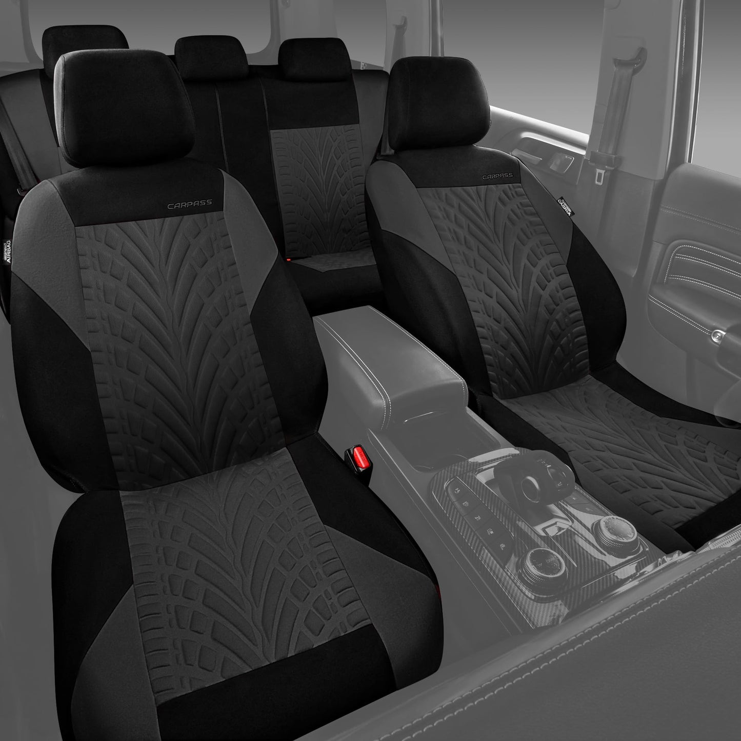 CAR PASS Car Seat Covers Full Sets, Front & Split Rear Bench for Car, 3D Tyre Embossed Automotive Interior Covers, Airbag Compatible, Quick Setup Universal Fit Seat Covers for Car, SUV(Charcoal)