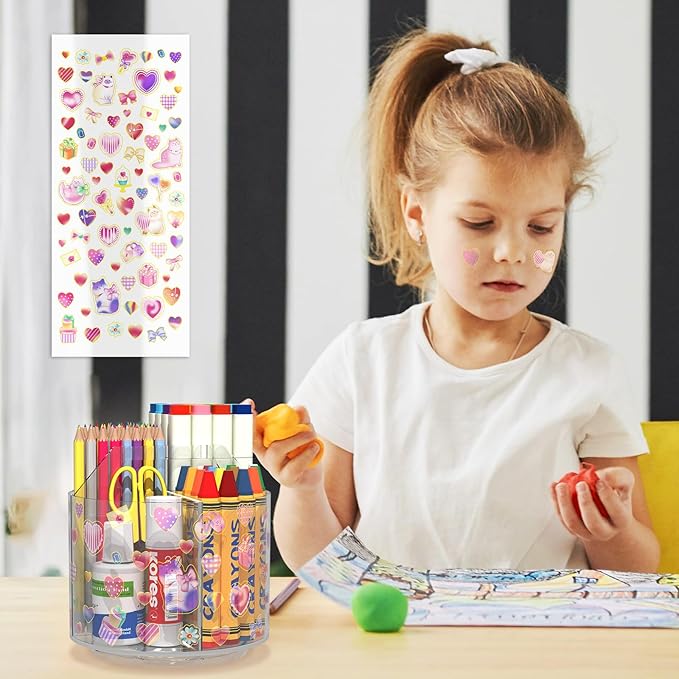Wawocs Acrylic Pencil Organizer for Desk 4 Compartments with Adhesive DIY Sticker, Rotating Art Supply Organizer with Kawaii Sticker Kids, Spinning Round Marker Small Supply Caddy