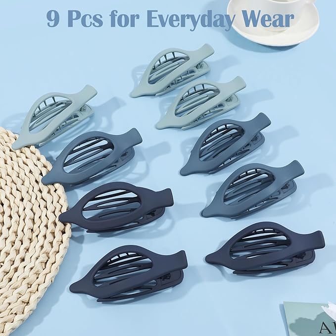 9 Pack Flat Hair Clips for Women, Matte Claw Clips for Thick & Thin Hair (Blue)