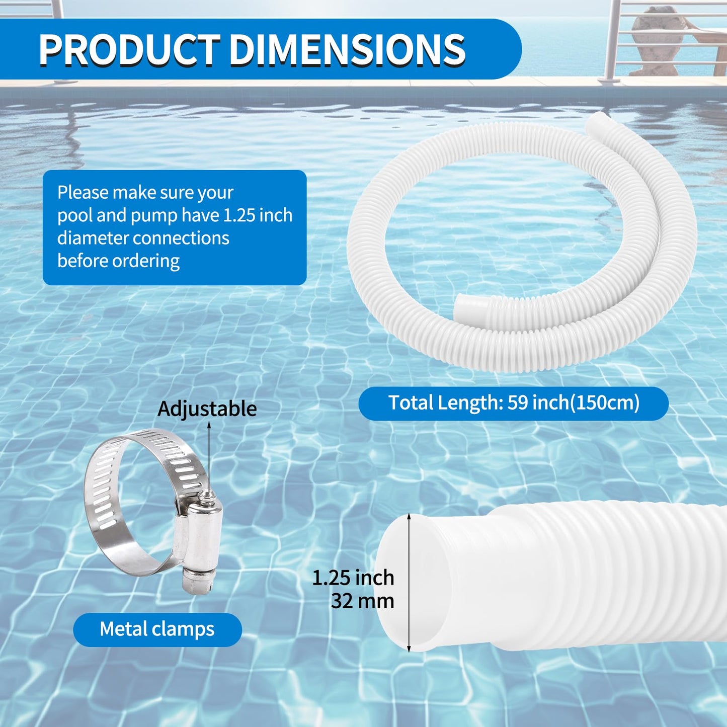 jarkamm Pool Pump Hoses 1.25 Inch X 59 Inch Filter Pump Replacement Pool Hose For Above Ground Pools Flexible PE Tube For Swimming Systems Includes Stainless Steel Clamps (3 Pack White)