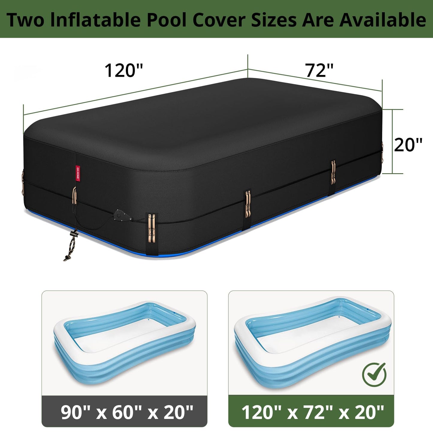 QH.HOME 120"x72" Rectangular Pool Cover for Inflatable Pool,Fits Blow Up Pool Size 10' x 6', Blocks Leaves & Sun, Windproof Snug Fit with Patented Ratchet & Weight Rings to Prevent Slipping
