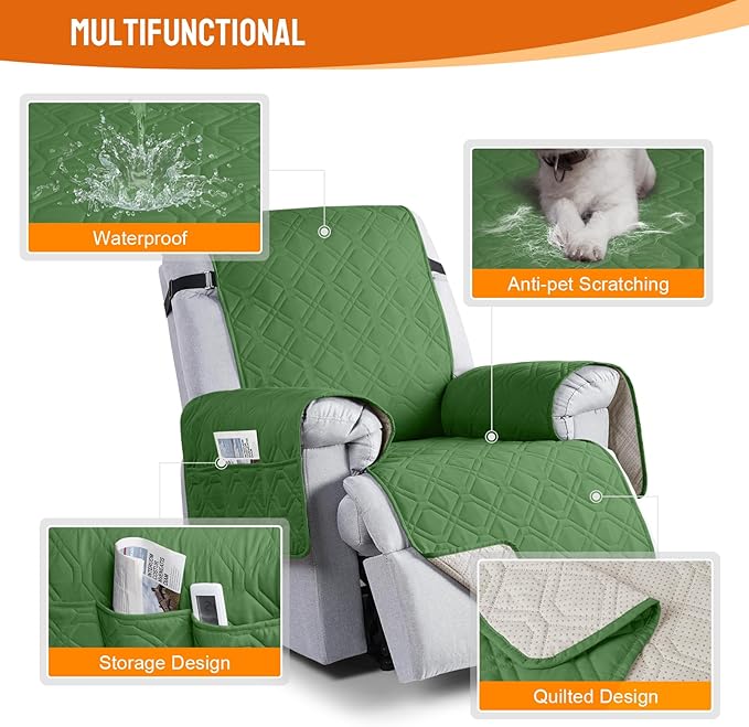 VANSOFY 100% Waterproof Recliner Chair Covers, Recliner Cover Non-Slip Dog Chair Cover Furniture Protector Washable Slipcover with Pocket, Elastic Straps for Pets, Dogs(Vine Green, 23.6")