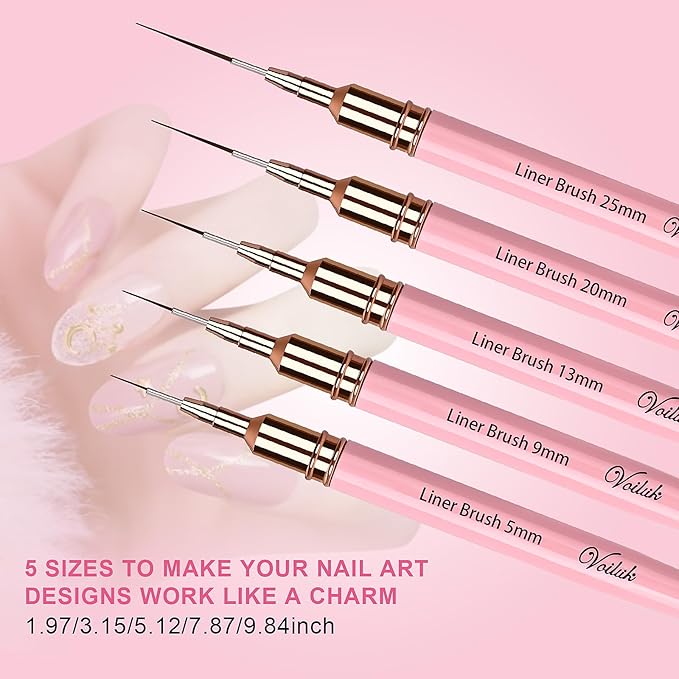 5Pcs Nail Art Liner Brushes,Liner Brush For Nails Gel,Thin Liner Nail Brush Set,Nail Art Striping Brushes,Painting Art Design Pen For Long Lines, Thin Details, Fine Drawing Sizes 5/9/13/20/25mm