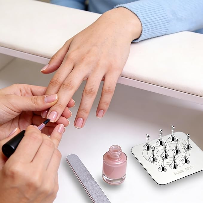 Nail Stand for Press Ons Display Practice for Acrylic Nails, Magnetic Fake Nail Tips Holder with Metal Base for Painting Tools, Designs with Reusable Double-Sided Tape for Home DIY Art Salon Supplies