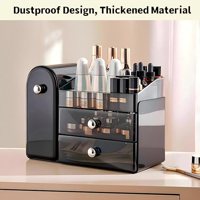 Makeup Organizer for Vanity with Covered Brush Holderï¼ÂBathroom Organizers with Drawerï¼ÂSkin Care Organizerï¼ÂMakeup Organizers for Vanity with Drawerï¼ÂLarge Makeup Storage for Dresser, Black