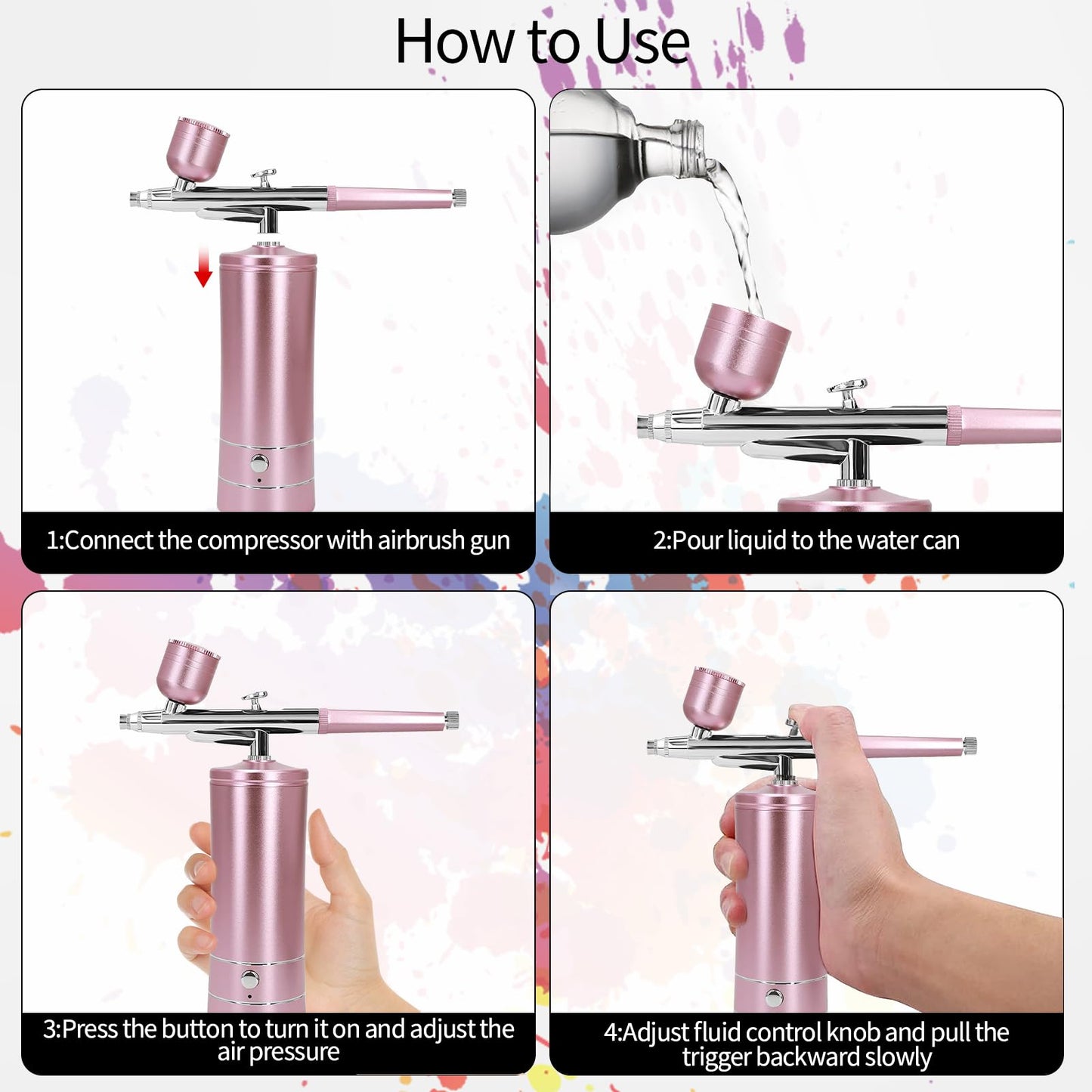 Airbrush Kit Air Brush Kit With Air Compressor Nail Charms Wireless Air Brush for Barber, Nail Art,Makeup, Model Painting (Pink)