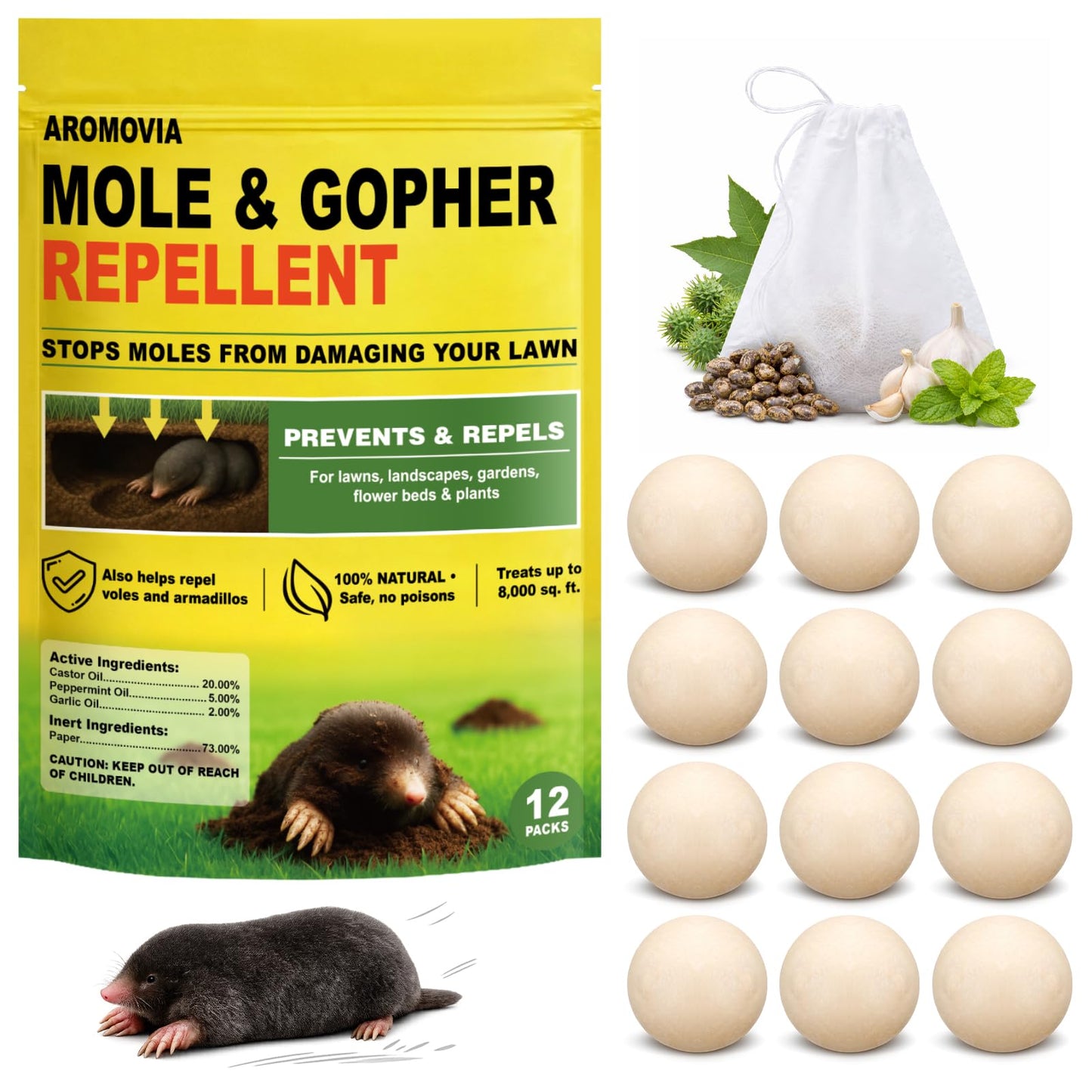 Aromovia Mole Repellent for Lawns and Yard, Mole and Groundhog Repellent Outdoor, 12 Packs Natural Gopher Repellant Balls for Lawns, Gardens, Yards, Farms and Orchards, Safe for People and Pets