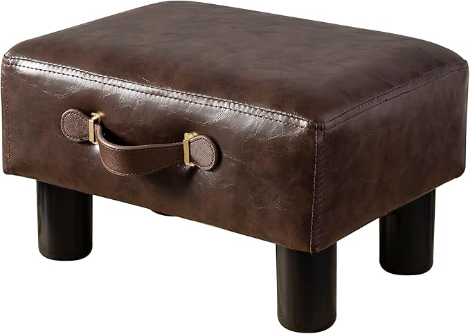 Small Foot Stool with Handle, Brown Faux Leather Short Foot Stool Rest, Rectangle Storage Foot Stools Ottoman with Plastic Legs, Padded Footstool Small Step Stool for Living Room, Office, Desk, Patio