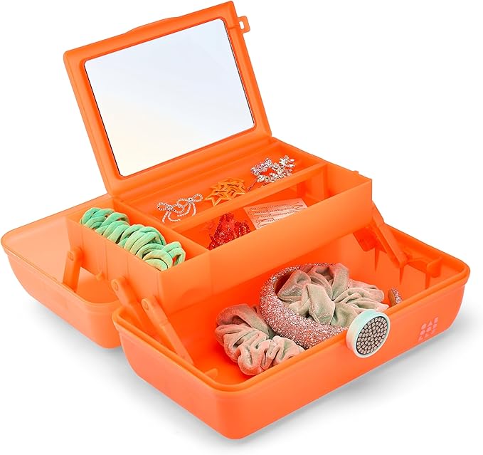 Caboodles On-The-Go Girl Makeup Box, Orange Shimmer, Show Girl Collection, Hard Plastic Makeup Organizer Box, Built-In Mirror, Secure Latch for Safe Travel, Spacious Storage for Large Items