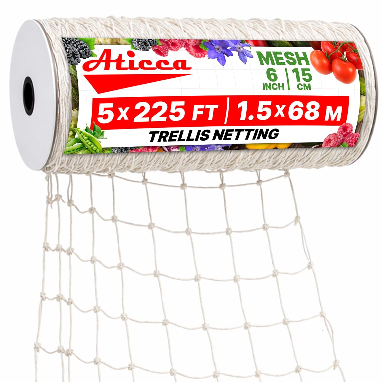 ATICCA Trellis Netting 5 x 225 ft Heavy Duty Polyester Plant Support Netting White - 6 Inch Garden Rope Trellis on Roll - Mesh Twine for Growing Vine Climbing Plants, Flowers, Peas, and Tomatoes.