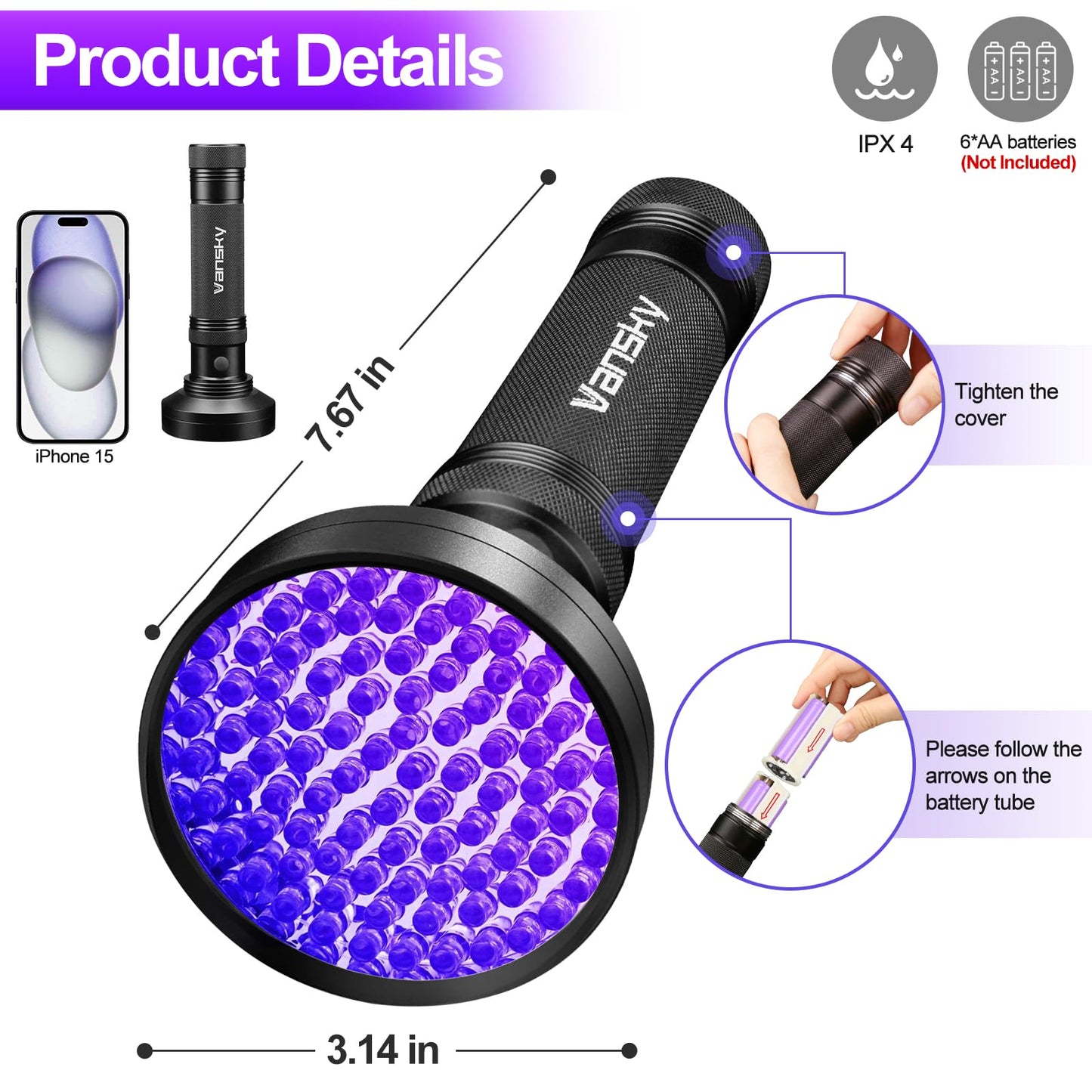 Vansky Air Conditioner Leak Detection: 100 LED Car AC UV Dye Leak Detector Kit with Protective Glasses - Automotive Professional Tool