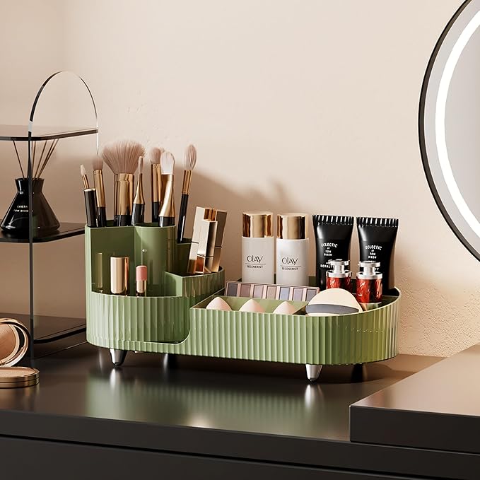 Rotating Makeup Organizer for Vanity with Brush Holder, Cosmetic Makeup Storage Organizer, Large Spinning Makeup Skincare Organizer, Countertop Makeup Perfume Organizer, Lotions Display Case Green