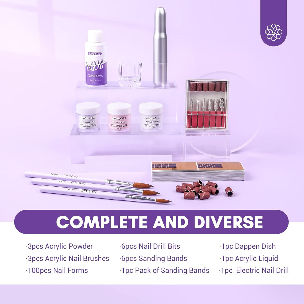 SAVILAND Acrylic Nail Kit with Drill: Professional Nails Kit Acrylic Set for Beginners with Everything White Pink Clear Acrylic Powder and Liquid Set Brushes 100 Forms Manicure Tools Home Salon DIY