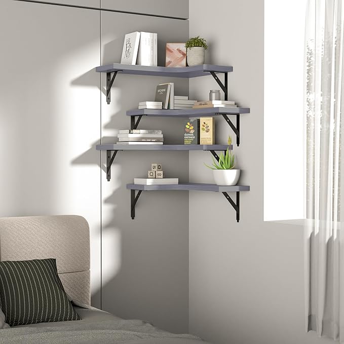 ROMGUAR CRAFT Corner Floating Shelves Wall Mounted Set of 4, Rustic Wood Storage Display Shelves for Home Decor, Bathroom, Kitchen, Bedroom, Living Room, Office (Light Grey)