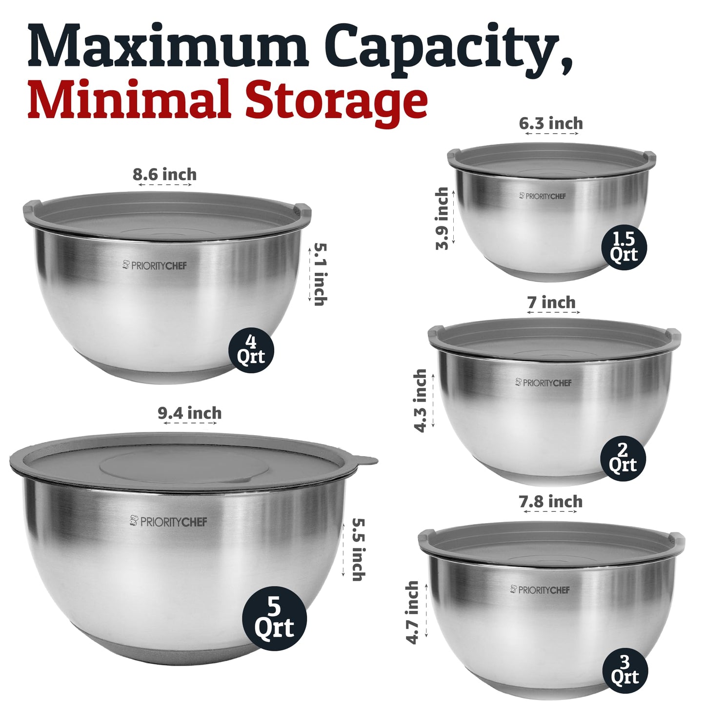 Priority Chef Stainless Steel Mixing Bowls with Lids Set, 3 Grater Attachments, Airtight Lids, Non-Slip Silicone Base Mixing Bowl Set, Large Prep Metal Mixing Bowls for Kitchen, Grey