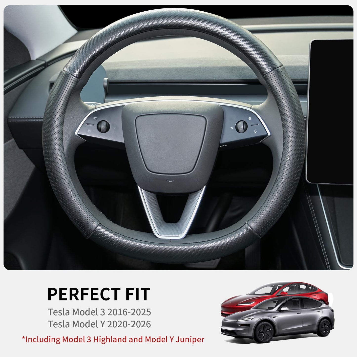 Uxcer Carbon Fiber Leather Steering Wheel Cover for Tesla Model 3/Y 2016-2025 2026 Juniper/Highland, Non-Slip Breathable Steering Wheel Protector for Tesla Model 3/Y Accessories 2026
