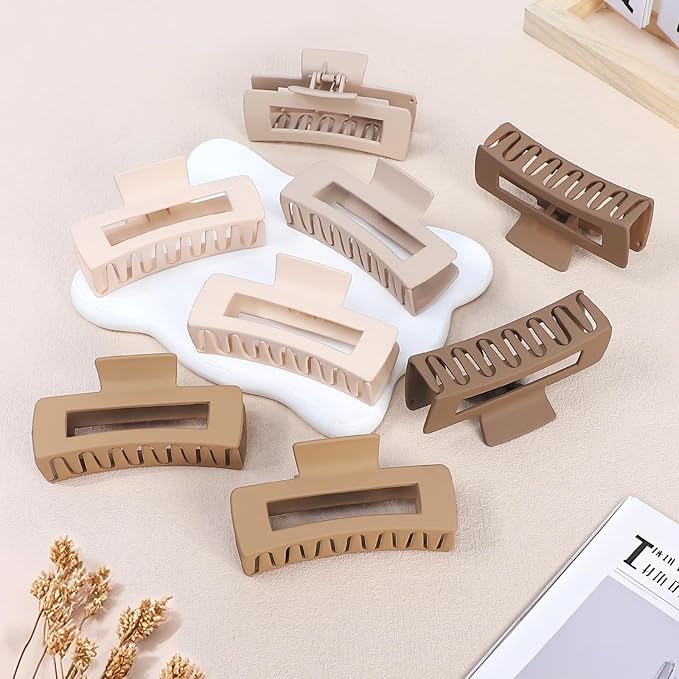 8 Pcs Large Hair Claw Clips 4.1 Inch Non-slip Big Square Matte Hair Claws for Women, Strong Hold Banana Clip for Thick Thin Hair(White/Khaki)