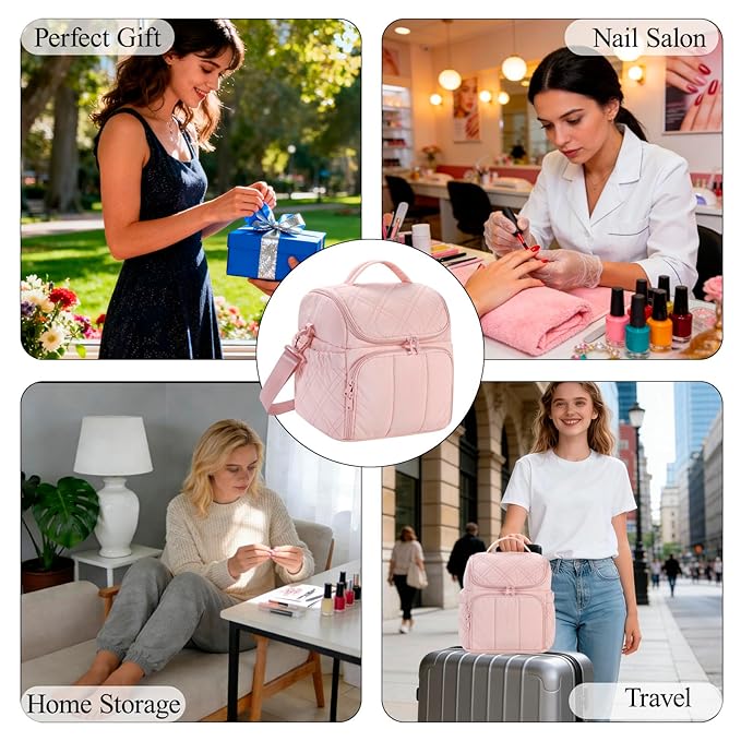 Nail Polish Organizer with 2 Detachable Cases Hold 60 Bottles & Nail Lamp, Portable Nail Organizers and Storage with Handle & Shoulder Strap, Travel Nail Bag for Manicure Tools