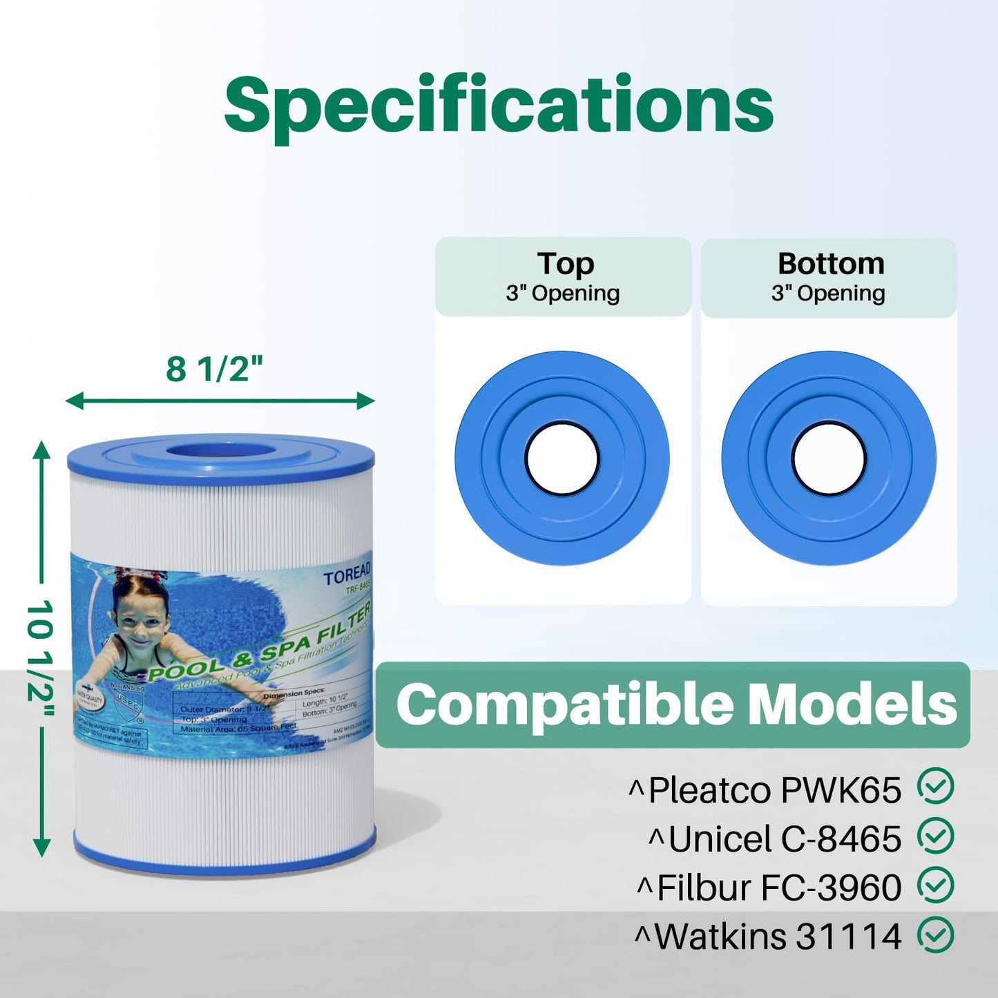 TOREAD NSF-50 Certified Watkins 31114 Replacement Tiger River Spa Filter, Compatible Unicel C-8465, PWK65, Filbur FC-3960, 71827, 71828 Hot Tub Filter, 65 sq. ft Hot Spring Spa Filter 1pack